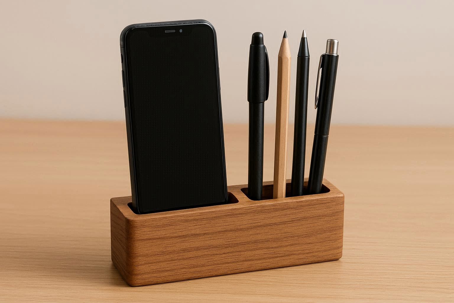 Multifunctional Wooden Pen Holder with Phone Slot - Image 1